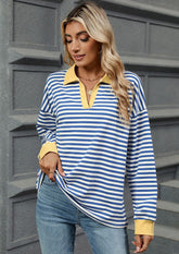 Stripe Color Block V Neck Casual Top